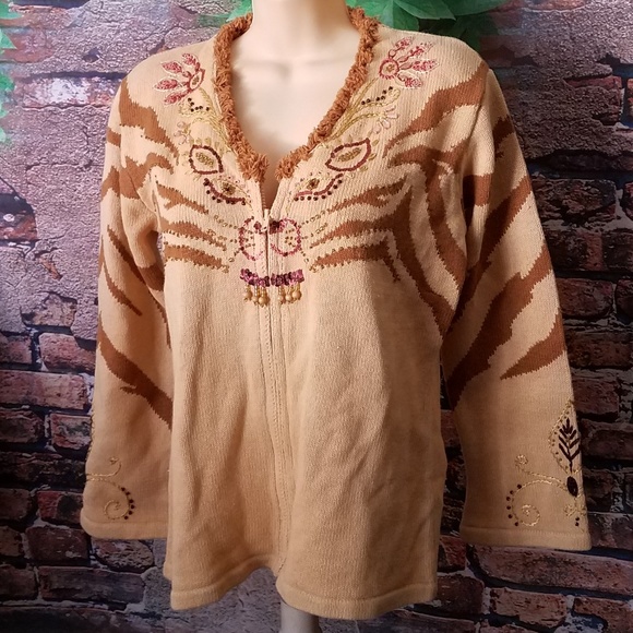 Tan Beaded Embroidered Full Zip Sweater Cardigan - Picture 1 of 6